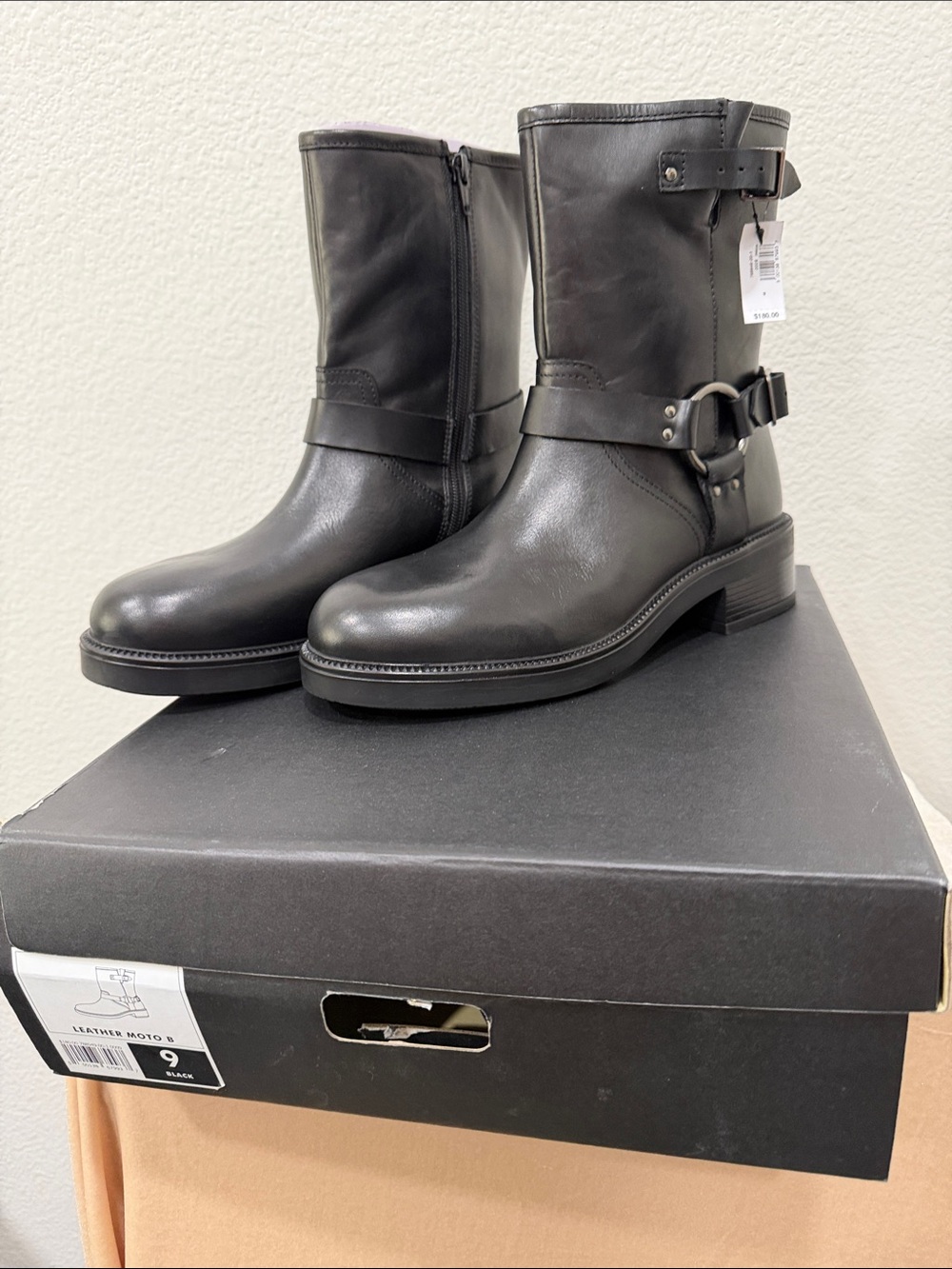 WOMENS MOTO Black Leather Motorcycle Mid-Calf Boots SIZE 9 NWT